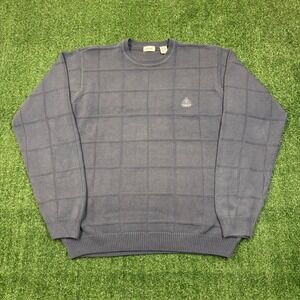 Vintage 90s IZOD Sweater Crewneck‎ Slate Blue Grid Knit Large